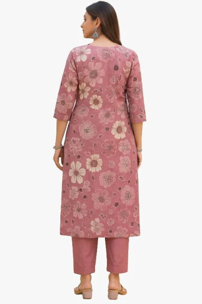 Dusty Rose Floral Printed Kurta Set with Solid Dupatta