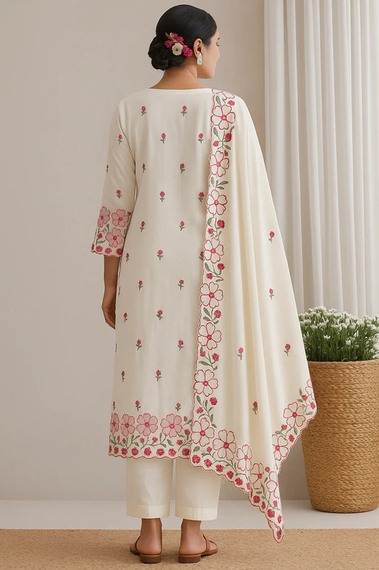 White Embroidered round neck Suit With Trouser & Dupatta