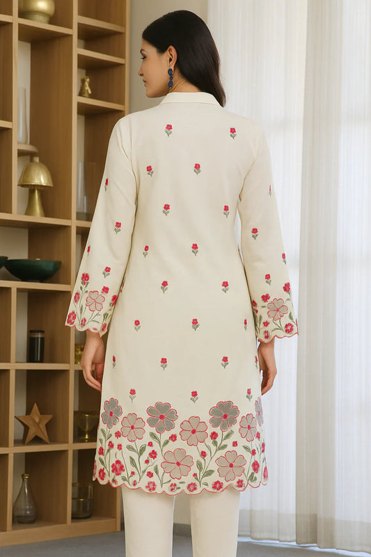 White Embroidered round neck kurti set