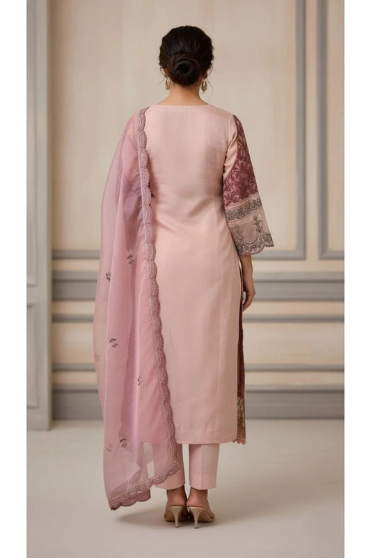 Women's Embroidered Organza Suit Set – Blush Pink | Round Neck | 3/4 Sleeves | Dupatta & Palazzo | Festive Ethnic Wear