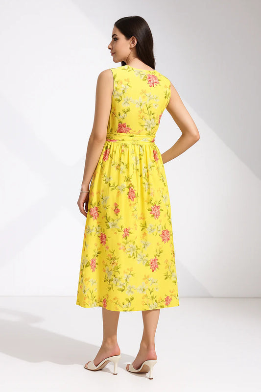 Floral Printed Yellow Midi Dress