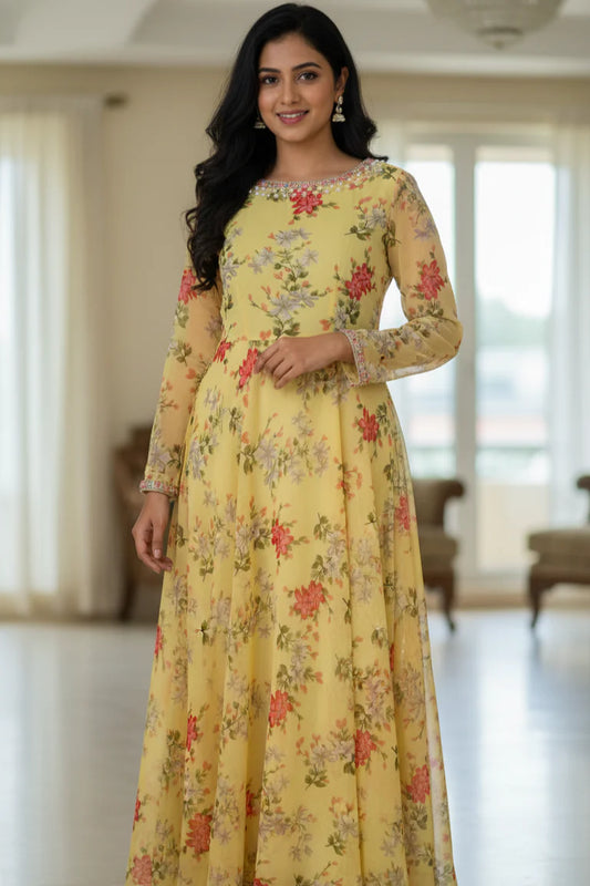 Yellow Floral Georgette Gown | Full Sleeves | Party & Haldi Wear