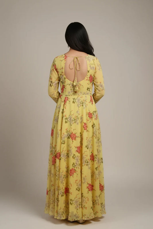 Yellow Floral Georgette Gown | Full Sleeves | Party & Haldi Wear