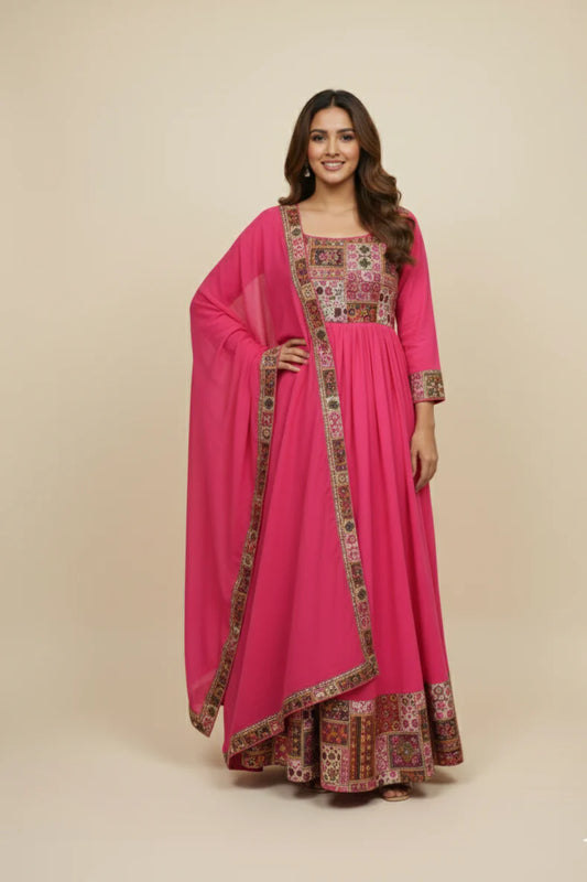 Women's Pink Anarkali Gown with Border Detailing Design | Festive Wear | Wedding Wear | Party Wear