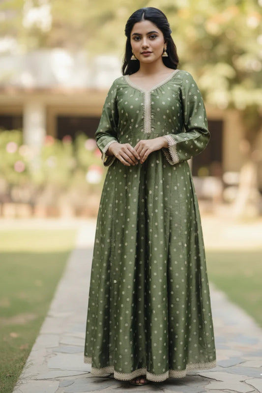 Green Silk Blend Anarkali Gown with Lace Detailing – Festive & Wedding Wear