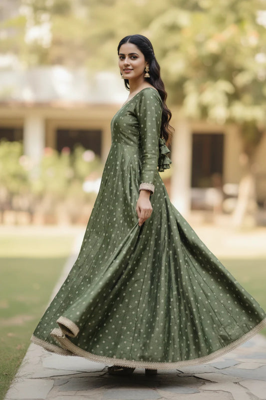 Green Silk Blend Anarkali Gown with Lace Detailing – Festive & Wedding Wear