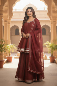 Maroon Shimmer Short Anarkali Palazzo Set – Festive Ethnic Wear with Dupatta for Women