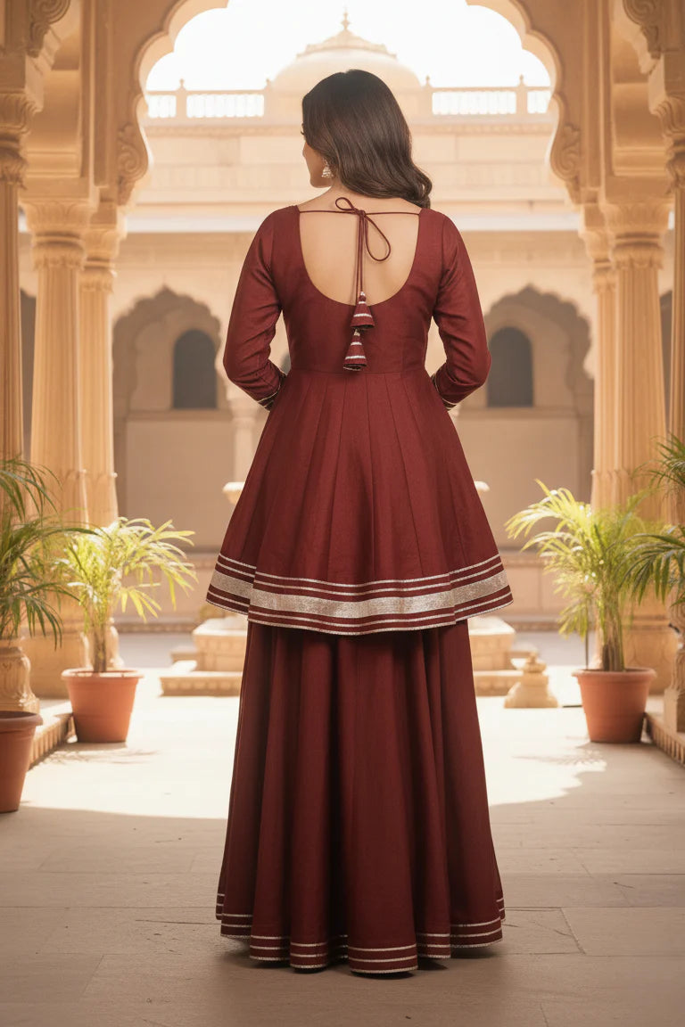 Maroon Shimmer Short Anarkali Palazzo Set – Festive Ethnic Wear with Dupatta for Women