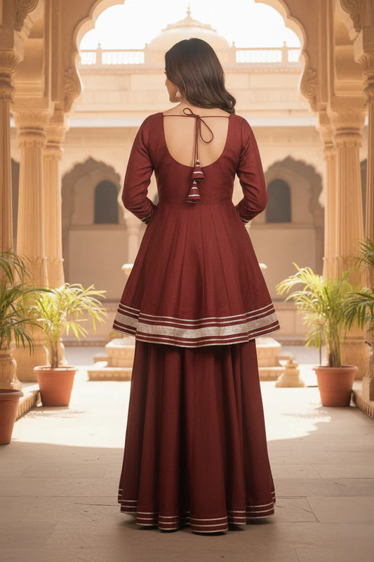 Maroon Shimmer Short Anarkali Palazzo Set – Festive Ethnic Wear with Dupatta for Women