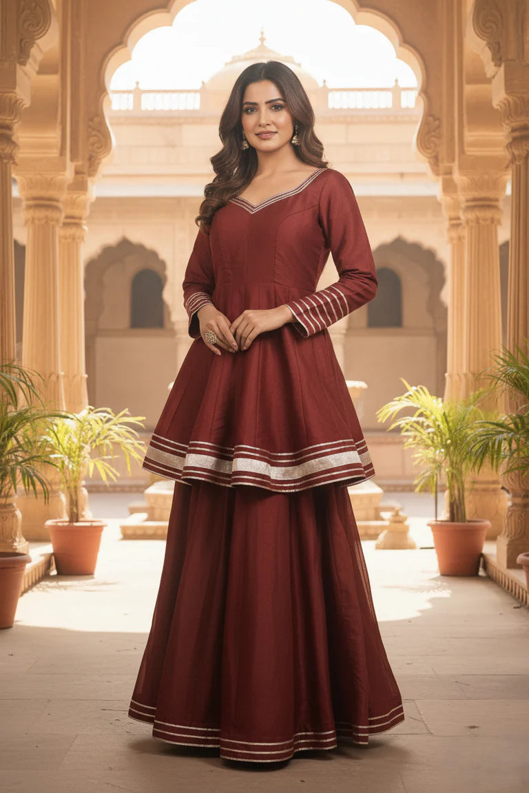 Maroon Shimmer Short Anarkali Palazzo Set – Festive Ethnic Wear with Dupatta for Women