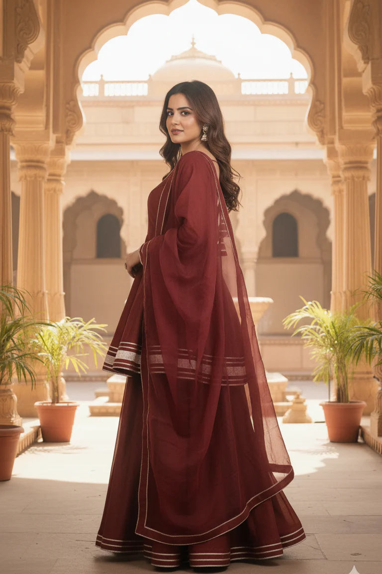 Maroon Shimmer Short Anarkali Palazzo Set – Festive Ethnic Wear with Dupatta for Women