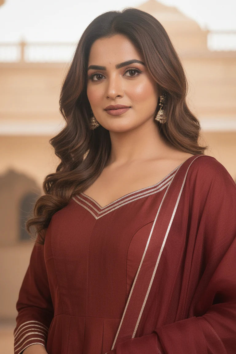 Maroon Shimmer Short Anarkali Palazzo Set – Festive Ethnic Wear with Dupatta for Women