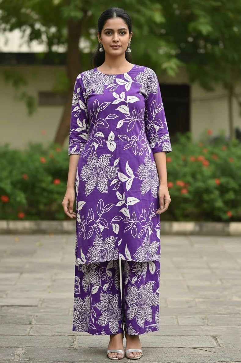 Purple Floral Cotton Kurta Palazzo Suit for Women