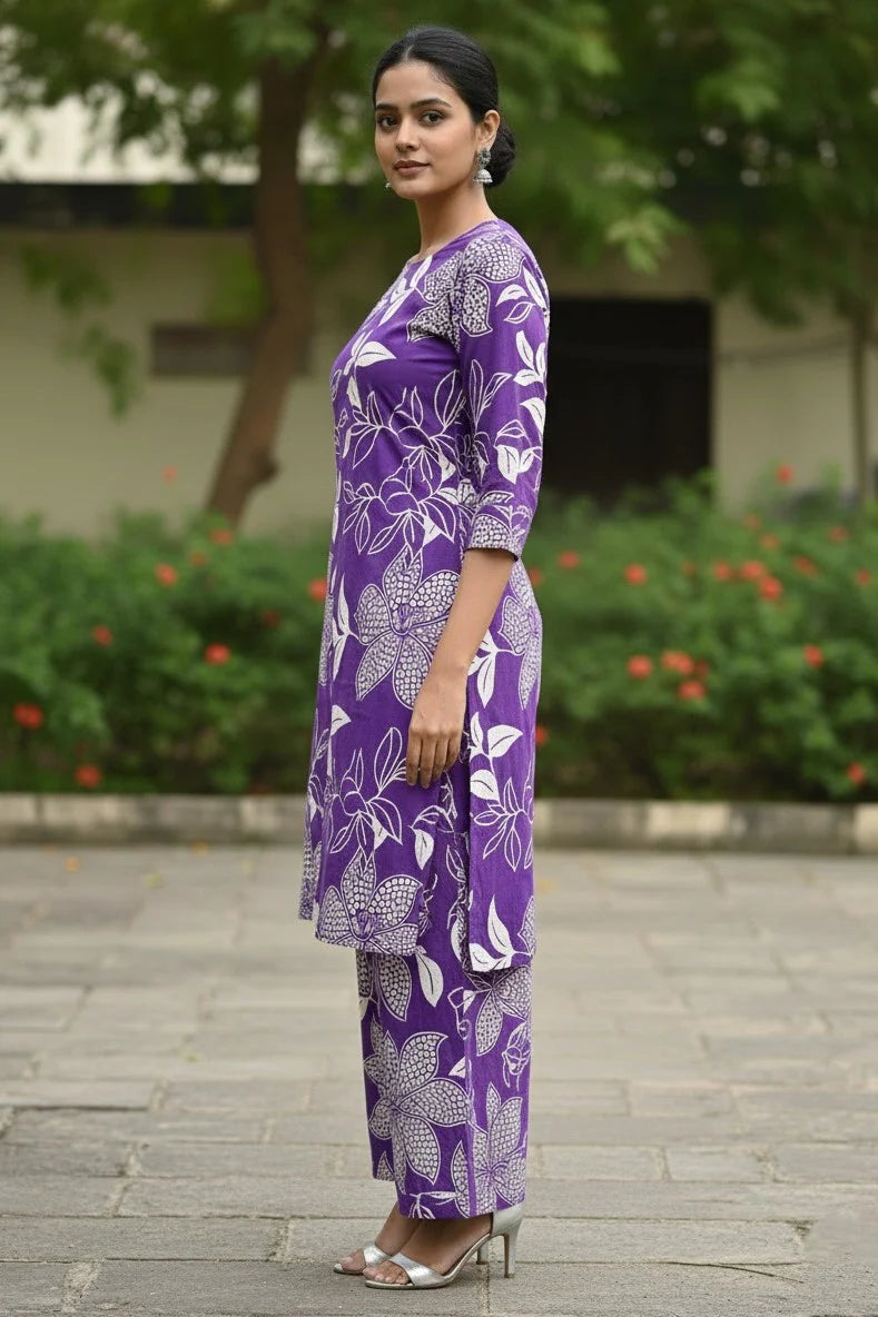Purple Floral Cotton Kurta Palazzo Suit for Women