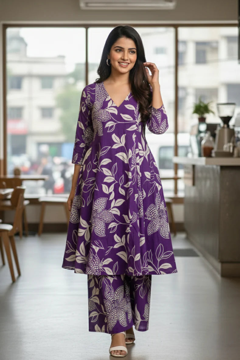 Purple Floral Cotton Kurti Palazzo Suit for Women