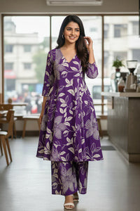 Purple Floral Cotton Kurti Palazzo Suit for Women