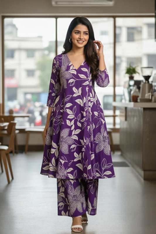 Purple Floral Cotton Kurti Palazzo Suit for Women