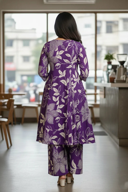 Purple Floral Cotton Kurti Palazzo Suit for Women