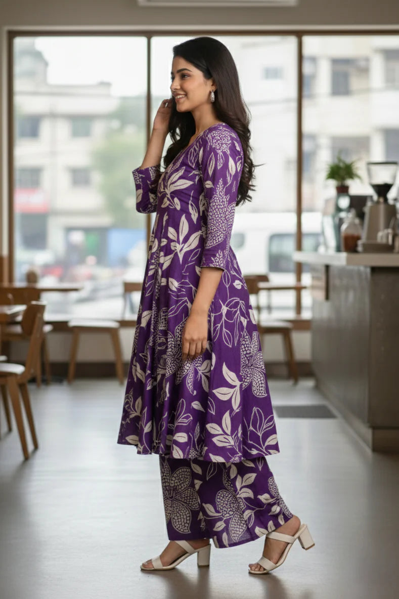 Purple Floral Cotton Kurti Palazzo Suit for Women