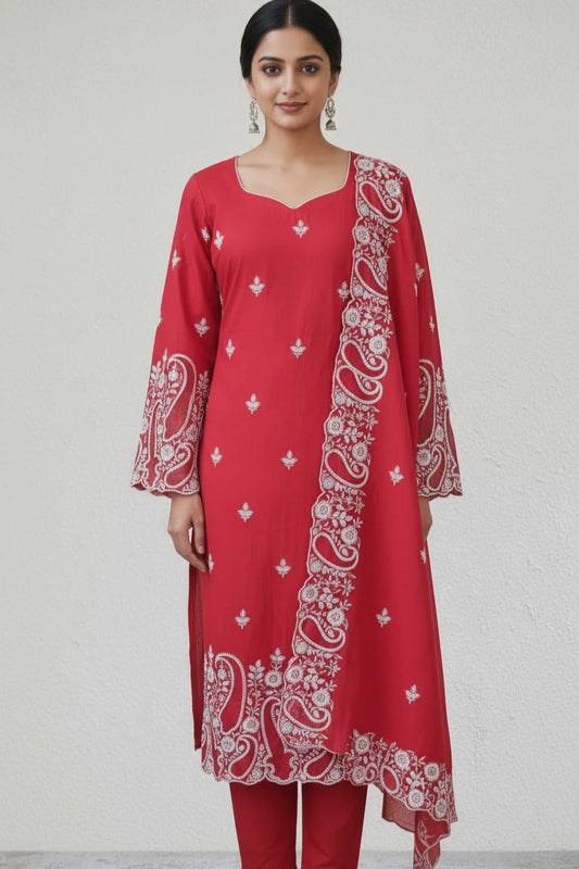 Red Embroidered Cotton Straight Suit Set with Dupatta