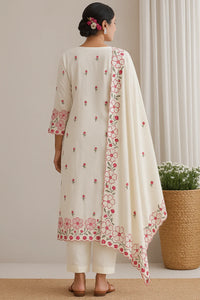 White Embroidered round neck Suit With Trouser & Dupatta