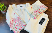 White Embroidered round neck Suit With Trouser & Dupatta