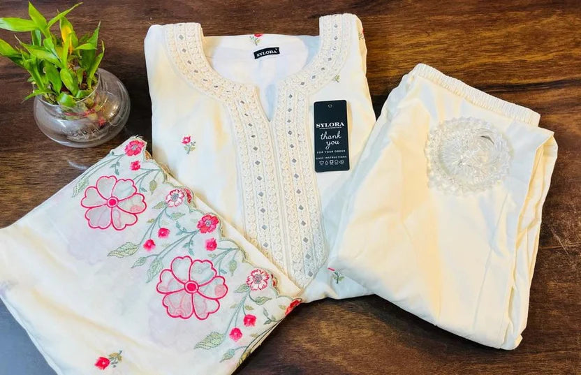 White Embroidered round neck Suit With Trouser & Dupatta