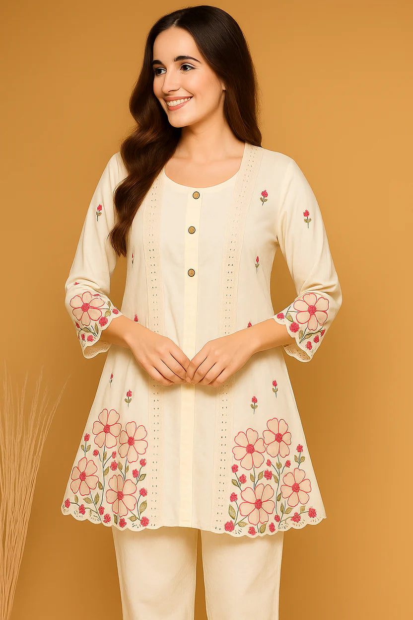 White Embroidered round neck kurti set