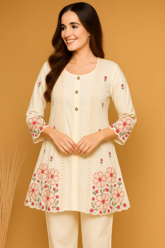 White Embroidered round neck kurti set