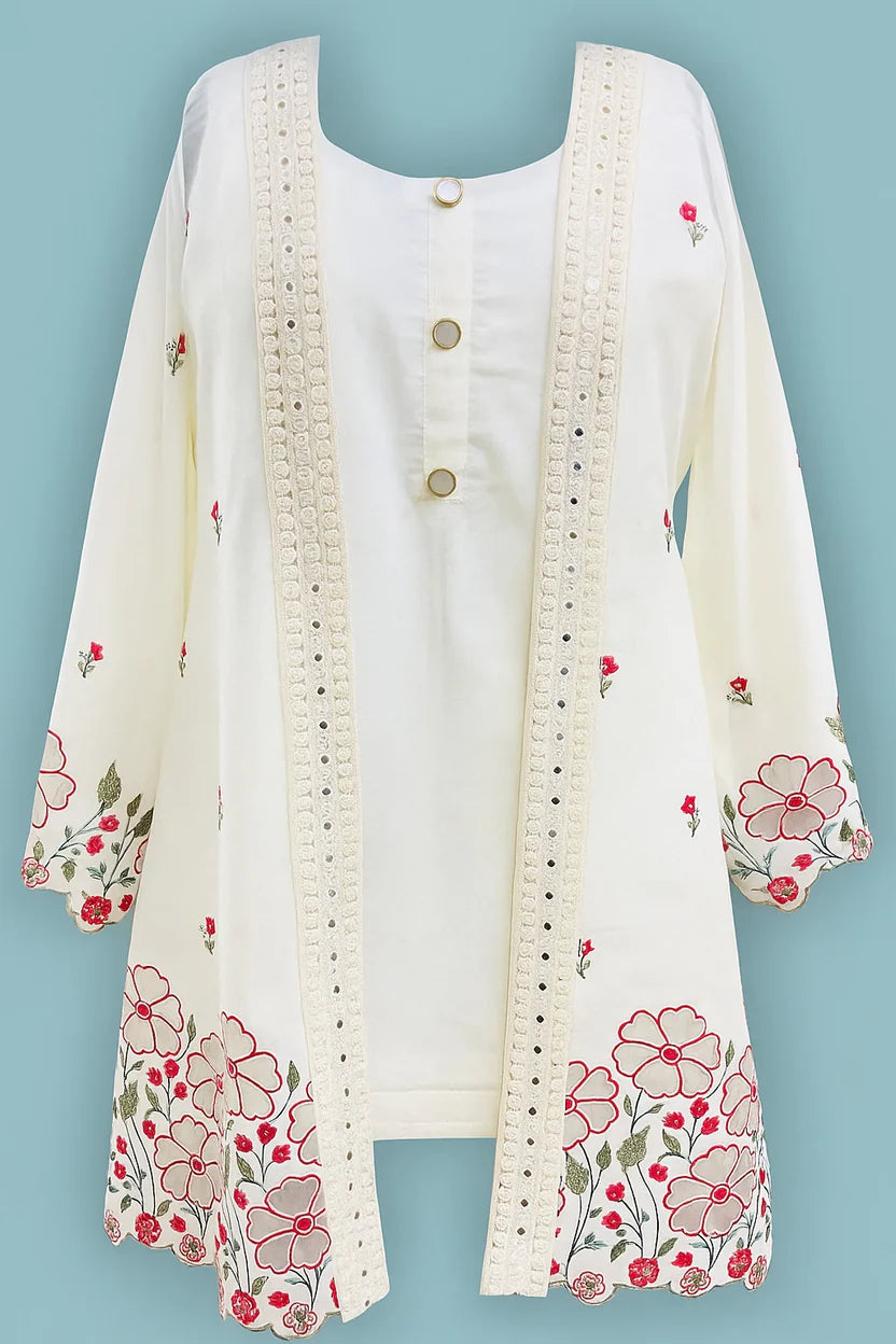 White Embroidered round neck kurti set