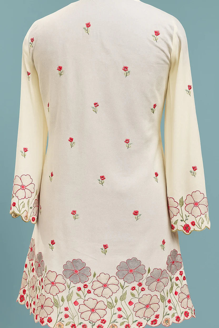White Embroidered round neck kurti set