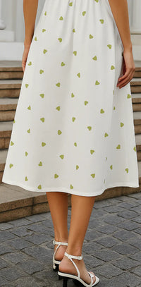White Midi Green Heart Print cotton Dress