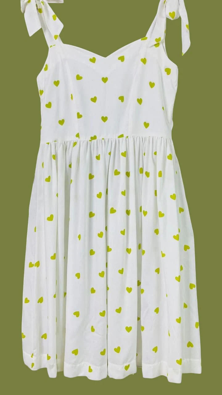 White Midi Green Heart Print cotton Dress
