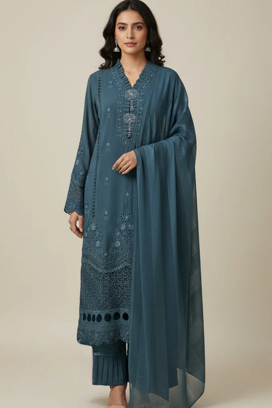 Women’s Blue Embroidered suit with palazzo and Chiffon Dupatta