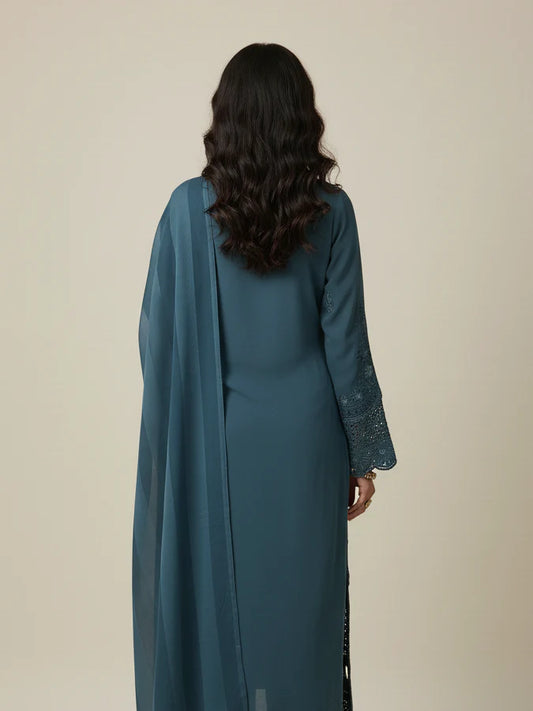 Women’s Blue Embroidered suit with palazzo and Chiffon Dupatta