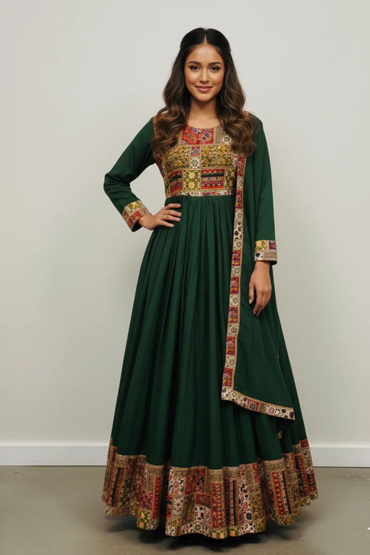 Women's Dark Green Anarkali Gown with Dupatta – Festive Ethnic Wear for Diwali, Weddings & Parties