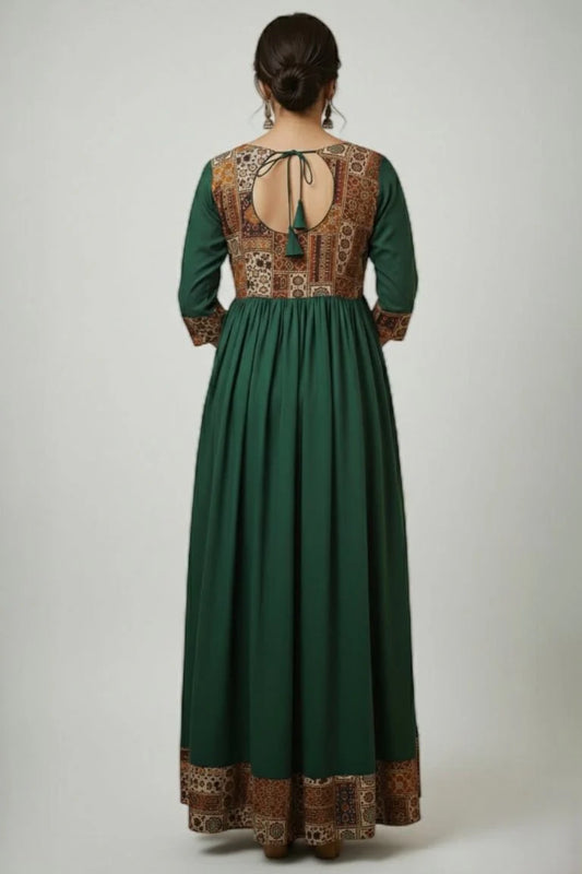 Women's Dark Green Anarkali Gown with Dupatta – Festive Ethnic Wear for Diwali, Weddings & Parties