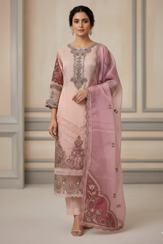 Women's Embroidered Organza Suit Set – Blush Pink | Round Neck | 3/4 Sleeves | Dupatta & Palazzo | Festive Ethnic Wear