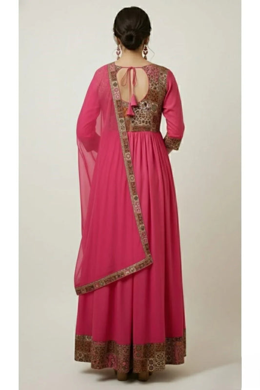 Women's Pink Anarkali Gown with Border Detailing Design | Festive Wear | Wedding Wear | Party Wear
