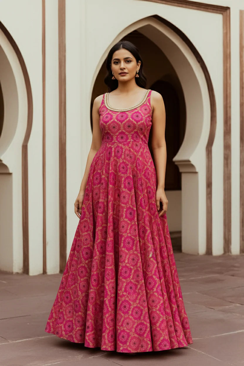 Women's Sleeveless Pink Floral Anarkali Long Gown Dress