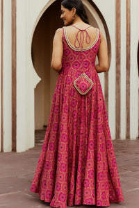 Women's Sleeveless Pink Floral Anarkali Long Gown Dress