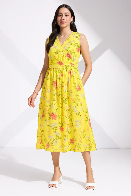 Floral Printed Yellow Midi Dress
